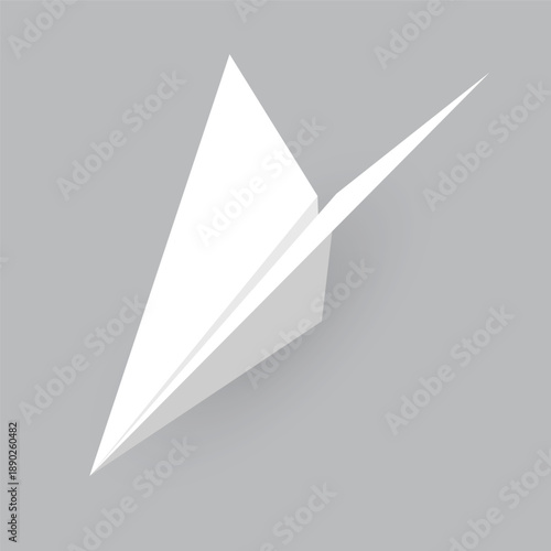Paper plane model. Origami handmade aircraft view. Vector white paper airplane with shadow, isolated on gray background
