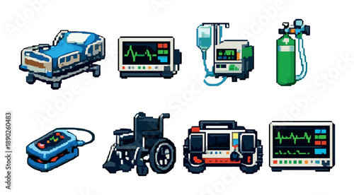 Pixel art hospital equipment: monitors, wheelchair, bed, ventilator, iv drip, defibrillator