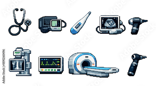 Pixel art medical equipment icons including mri, thermometer, and stethoscope