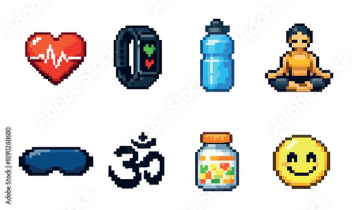 Pixel art icons of heart health, fitness gadgets, meditation, and wellness