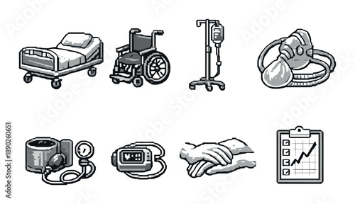 Monochrome pixel art of medical equipment icons