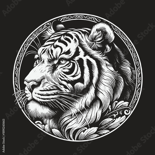 Intricate Tiger Portrait: A Study in Black and White.