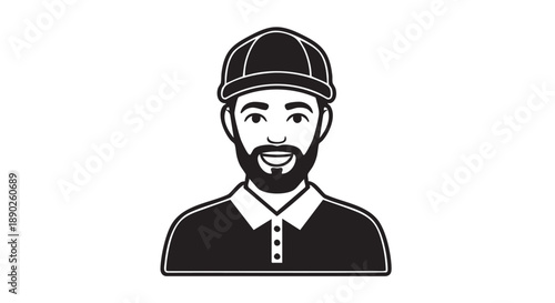 Illustration of a smiling bearded man wearing a cap from the shoulders up