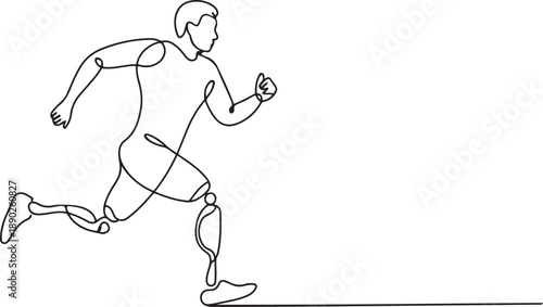 Single continuous line drawing disabled athlete runs on prostheses. Male disability runs. Disabled sportsman with amputated foot. Disabled sport, disability games. one line Icon drawing