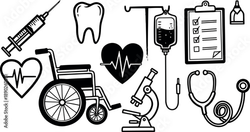Black and white medical line art icons including syringe, tooth, wheelchair, microscope, stethoscope, and heart rhythm symbols on white background