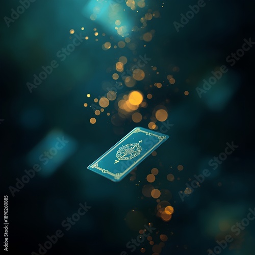Ornate Magical Tarot Card Floating in Dark Ethereal Space with Golden Bokeh Particles
