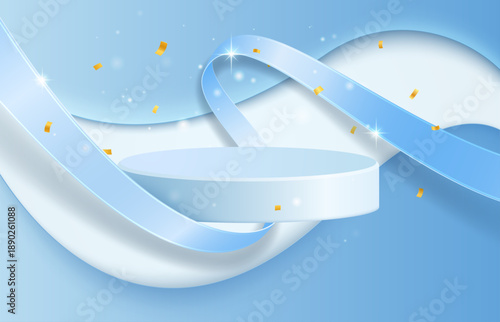 Elegant white round podium platform with fluttering blue silk ribbons on a pastel background, with floating gold confetti, shimmering particles, and stars. Vector 3D illustration.