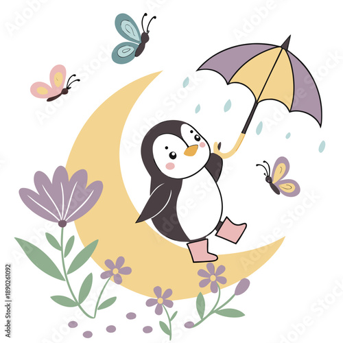 A Shy Penguin with sitting on a moon in a Spring theme – Blooming Renewal palette SVG illustration