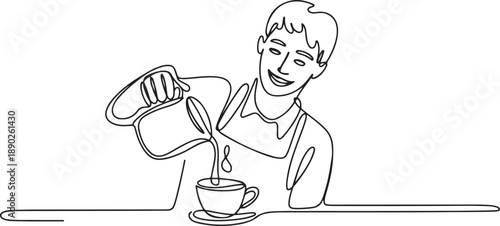 One single line drawing of young happy barista pouring hot chocolate coffee to cup above the table. Cafe drink menu concept. one line Icon drawing