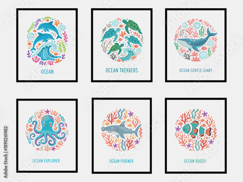 Cute Sea Creature Icons Circle Design, Whale Seahorse Crab Stingray Graphics