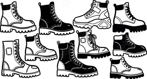 Detailed black and white vector art set of various lace up boots with rugged soles and patch details in different angles and styles