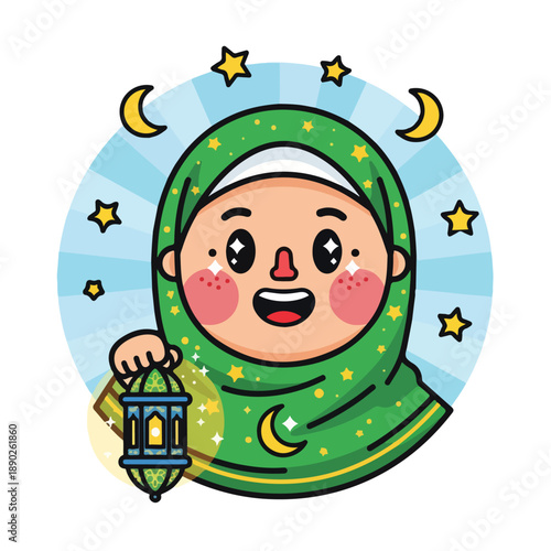 Smiling child wearing green star patterned headscarf holding lantern