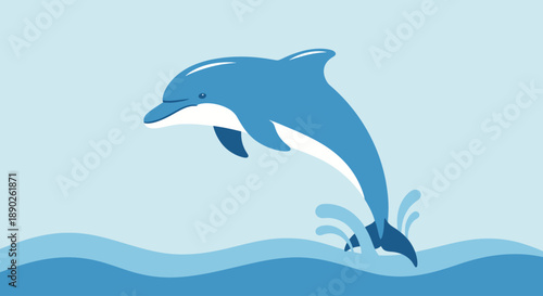 Blue dolphin jumping out of the ocean waves on a clear day.