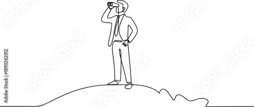 Single one line drawing young businessman standing on hill while looking at binoculars. Symbol leadership, strategy, mission, objectives. one line Icon drawing