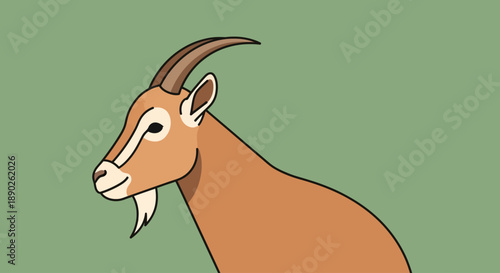 Illustration of a brown goat with curved horns on a green background.