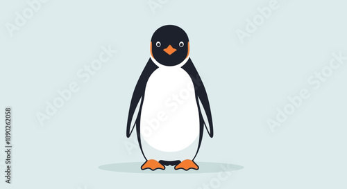Cute cartoon penguin standing on a plain background with a happy expression.