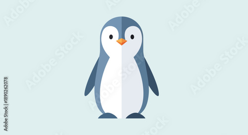 Cute cartoon penguin character standing on blue background.