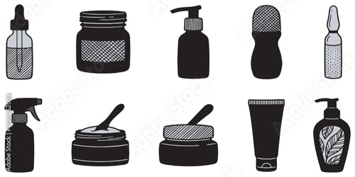 Collection of hand-drawn cosmetic and skincare product containers, including bottles, jars, tubes, and ampoules.