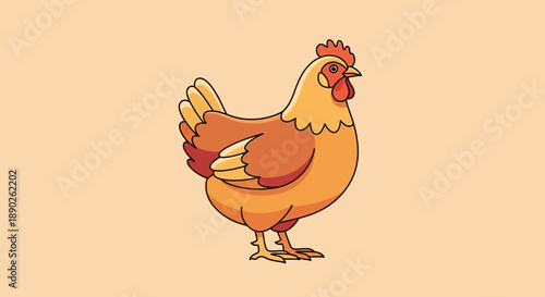 Illustration of a brown and orange cartoon chicken standing on beige background.