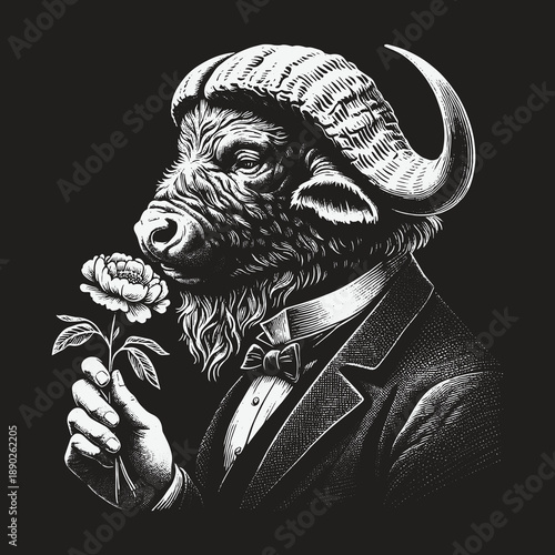Elegant Bull in Suit Smelling a Rose: A Refined Animal Portrait.