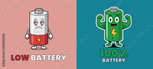 Low Battery and Full Power Energy Concept, Flat Cartoon Character Vector Illustration. Energy Level Comparison Concept, Empty and Fully Charged Battery Flat Vector