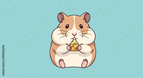 Cute cartoon hamster holding a small piece of cheese on blue background.