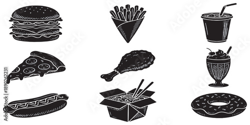 Collection of black and white icons representing various fast food items and drinks, perfect for graphic design.