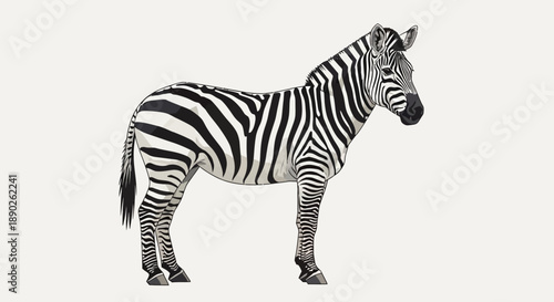 Profile view of a zebra with distinctive black and white stripes standing isolated.