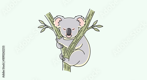Illustration of a cute koala sitting on eucalyptus branches.