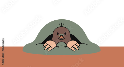 Cute cartoon mole peeking out of a hole in the ground with a friendly expression.