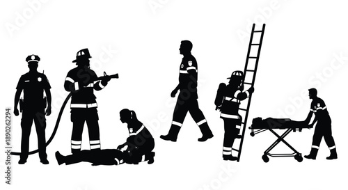 Firefighters in various emergency response situations in black silhouette
