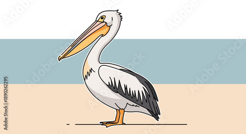 Illustration of a pelican standing on a sandy beach with a blue sky background.
