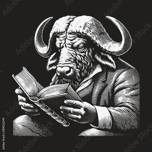Engrossed Buffalo Anthropomorphic Figure Reading a Book.