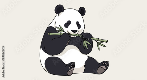 Cute cartoon panda bear sitting and eating bamboo shoots.