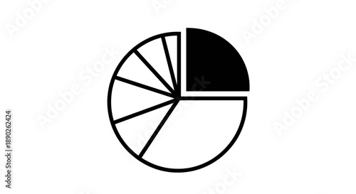 A minimalist black and white icon representing a pie chart with one large highlighted section for data representation
