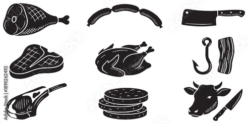 Collection of stylized black and white illustrations of various raw meats and butcher tools, presented in a grid layout.