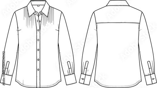 Men’s long sleeve button up shirt technical flat sketch showing front and back views, clean fashion line drawing isolated on white background for apparel design templates