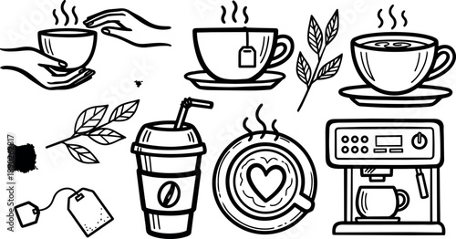 Hand drawn coffee cups with tea bag and espresso machine vector set with steam and latte art heart illustration