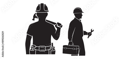 Black silhouette set of manual workers using shovels and digging, group of men in various labor poses and standing isolated on a white background.