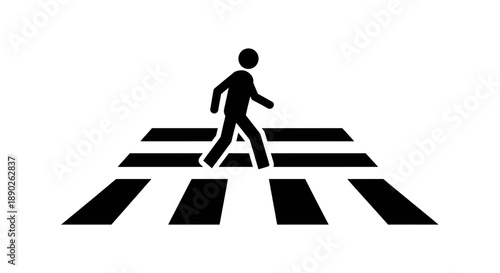 Simple black and white icon illustrating a person walking on a crosswalk for pedestrian safety.