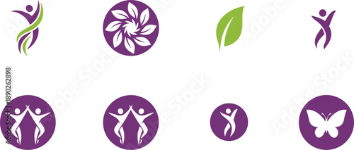 Abstract wellness logo icon set with human figures leaves flowers butterfly symbols modern purple green vector illustration design