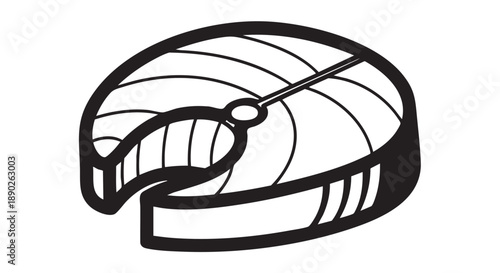 Simple black and white graphic illustration of a sushi roll with a slice cut out, viewed from above.