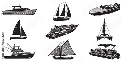 Collection of various boat illustrations in a vintage, woodcut style, showcasing different types of watercraft.