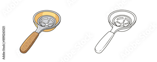 Egg separator shown in flat color and line art styles yellow and brown tones kitchen tool for dividing yolk from white on white background isolated equipment for baking