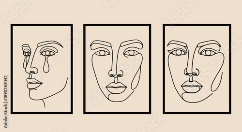 Minimalist line art portraits in frames showing abstract female faces with flowing contour lines and modern gallery style