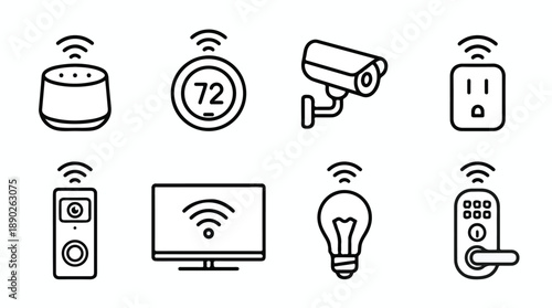 Smart home devices icons with wireless connection symbols