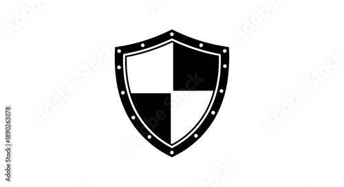 A black and white heraldic shield icon representing protection and security