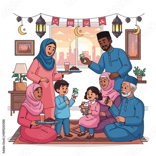 Diverse family celebrating Eid al Fitr together at home with traditional food and decorations