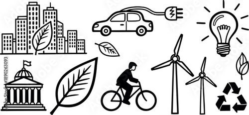 Line art vector icons of sustainable cityscape with electric car, cyclist, wind turbines, light bulb, government building and recycling symbol
