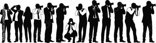 Photographer silhouettes collection showing professional paparazzi and press photographers with cameras in various standing and crouching poses, black vector illustration isolated on white background